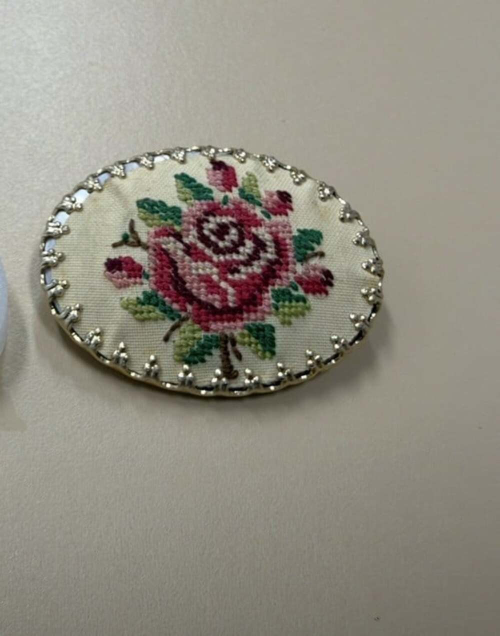 Vintage Style Cross Stitch Rose Brooch Oval Floral Needlework Pin Cottage Granny